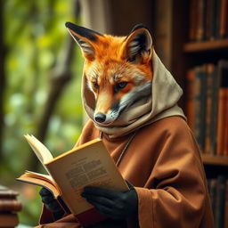 A captivating photograph of a fox wearing a monkish habit, engrossed in reading a book