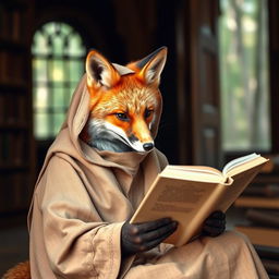 A captivating photograph of a fox wearing a monkish habit, engrossed in reading a book