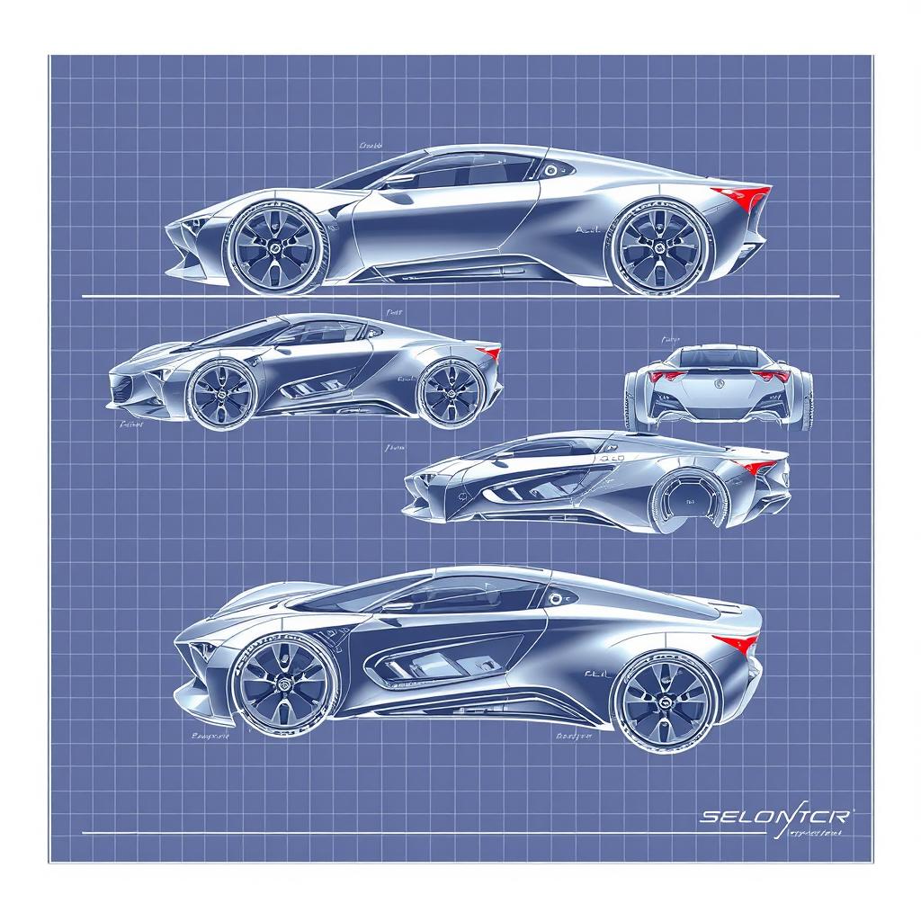 3D blueprint sketches of futuristic cars, showcasing sleek and innovative designs, with aerodynamic shapes and advanced technology features