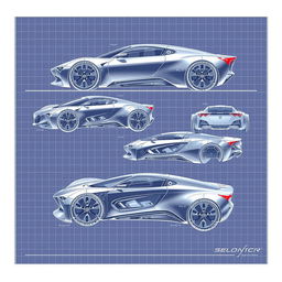 3D blueprint sketches of futuristic cars, showcasing sleek and innovative designs, with aerodynamic shapes and advanced technology features