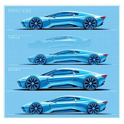 3D blueprint sketches of futuristic cars, showcasing sleek and innovative designs, with aerodynamic shapes and advanced technology features