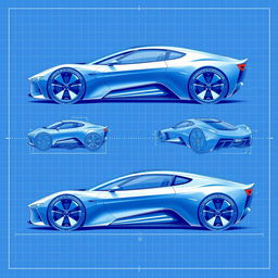 3D blueprint sketches of futuristic cars, showcasing sleek and innovative designs, with aerodynamic shapes and advanced technology features