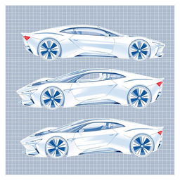 3D blueprint sketches of futuristic cars, showcasing sleek and innovative designs, with aerodynamic shapes and advanced technology features