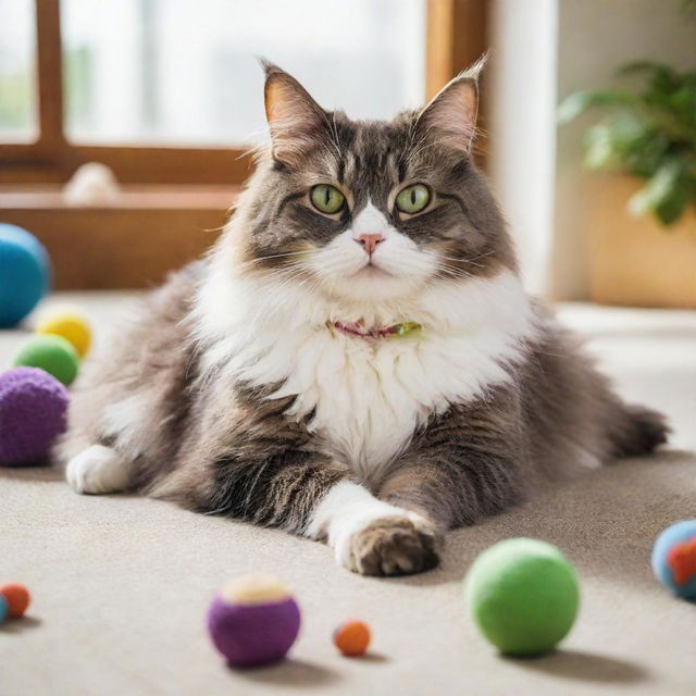 A fluffy domestic cat with bright green eyes, lounging lazily in a sunlit room surrounded by toys