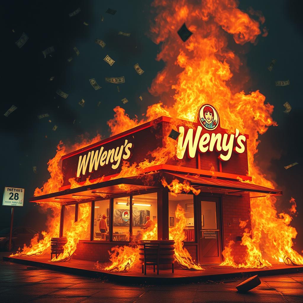 A Wendy's burger joint engulfed in bright, dynamic flames, with dollar bills raining down from the sky