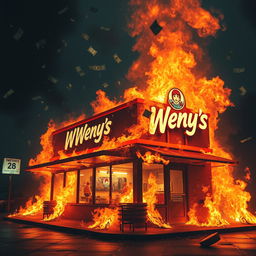 A Wendy's burger joint engulfed in bright, dynamic flames, with dollar bills raining down from the sky