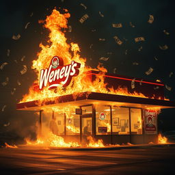 A Wendy's burger joint engulfed in bright, dynamic flames, with dollar bills raining down from the sky