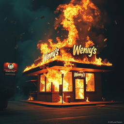 A Wendy's burger joint engulfed in bright, dynamic flames, with dollar bills raining down from the sky