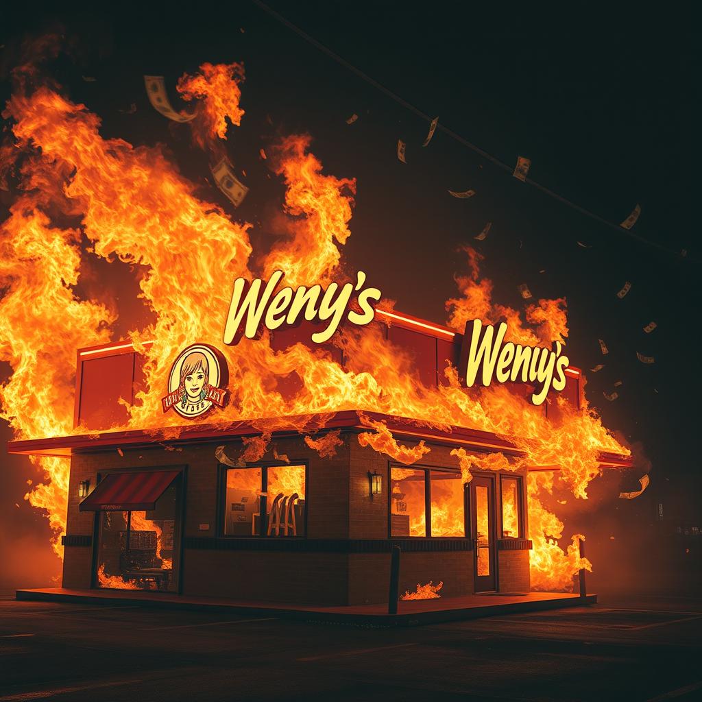 A Wendy's burger joint engulfed in bright, dynamic flames, with dollar bills raining down from the sky