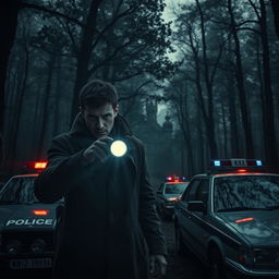 A mystery movie scene set in a dark forest in Slovakia