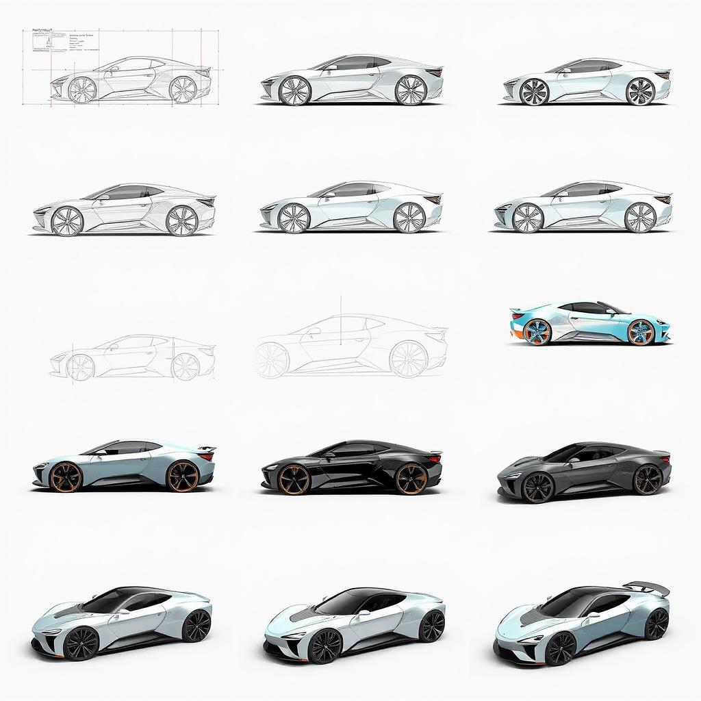 A collection of 30 images illustrating the transformation of a car blueprint sketch into realistic car renders