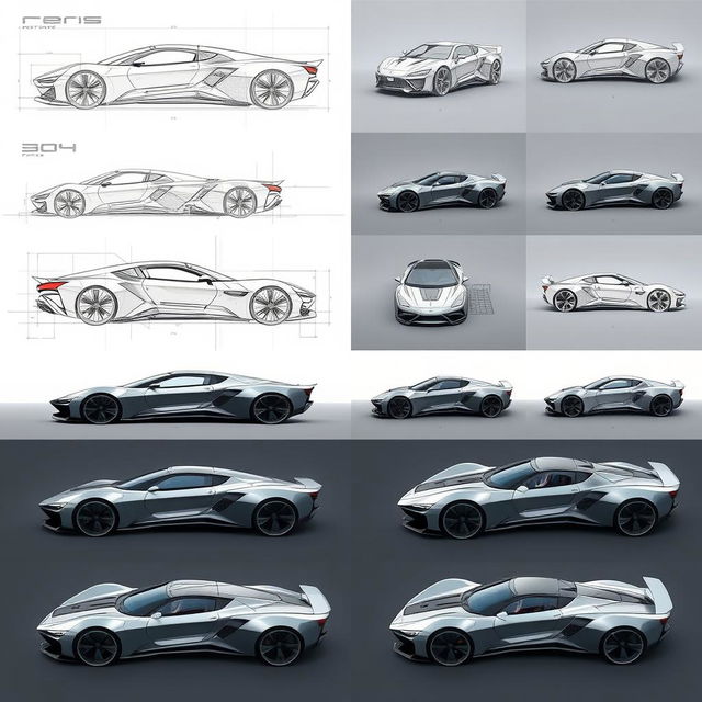 A collection of 30 images illustrating the transformation of a car blueprint sketch into realistic car renders