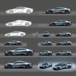 A collection of 30 images illustrating the transformation of a car blueprint sketch into realistic car renders