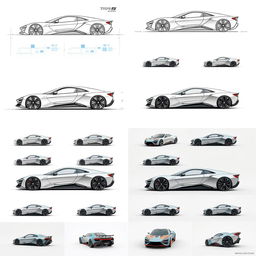 A collection of 30 images illustrating the transformation of a car blueprint sketch into realistic car renders