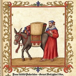 An exquisite medieval illumination portraying a loaded donkey accompanied by two men