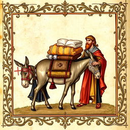 An exquisite medieval illumination portraying a loaded donkey accompanied by two men