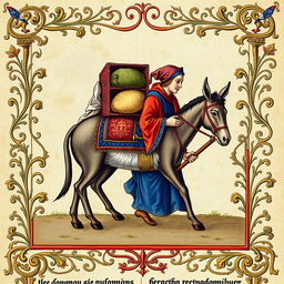 An exquisite medieval illumination portraying a loaded donkey accompanied by two men