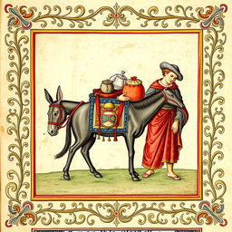 An exquisite medieval illumination portraying a loaded donkey accompanied by two men