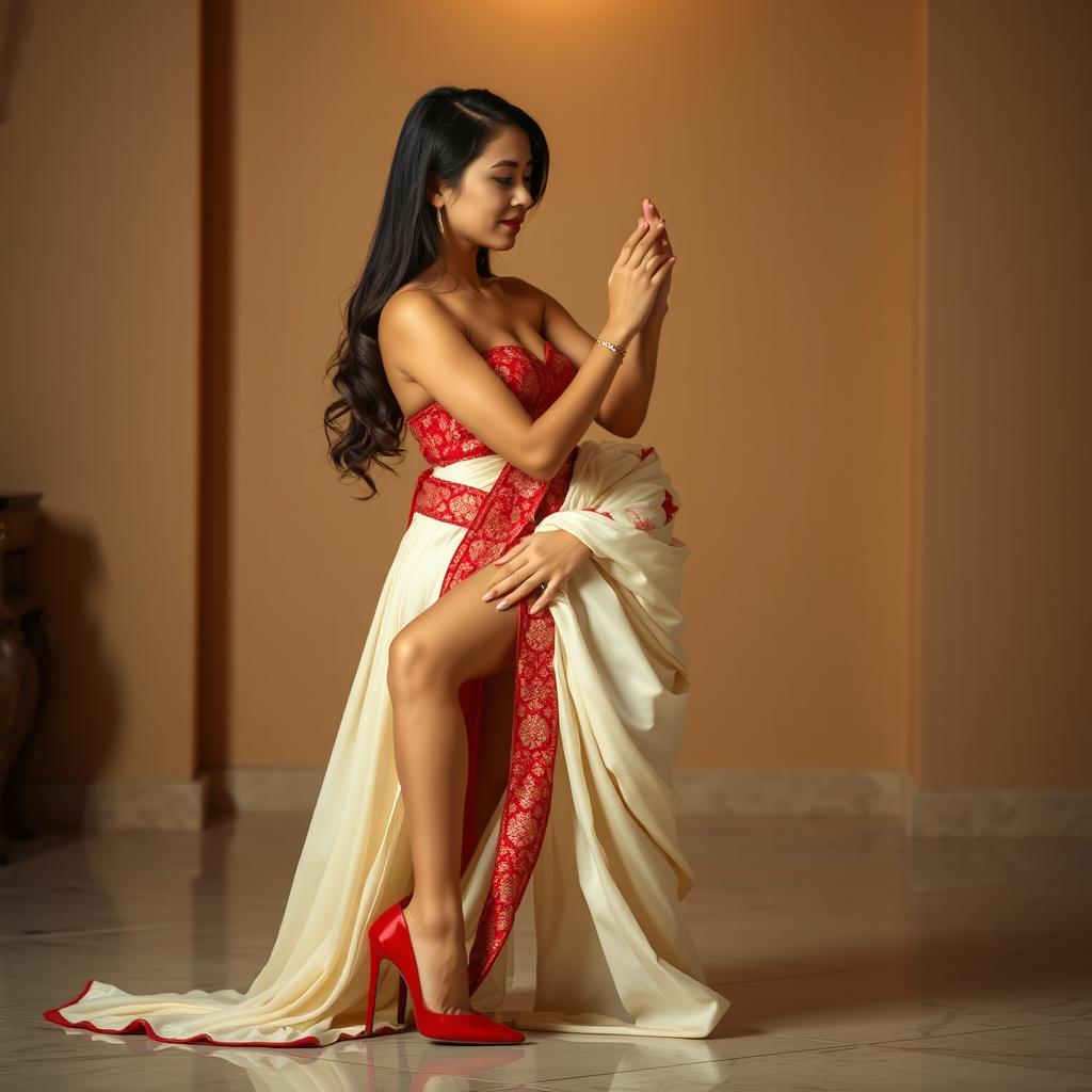 A Chinese woman exuding sensual allure, dressed in a Cream and Red Mekhela Chadar styled seductively