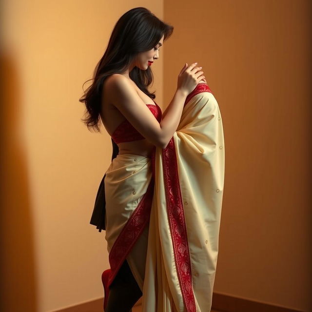 A Chinese woman exuding sensual allure, dressed in a Cream and Red Mekhela Chadar styled seductively