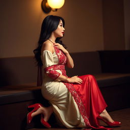 A Chinese woman exuding sensual allure, dressed in a Cream and Red Mekhela Chadar styled seductively