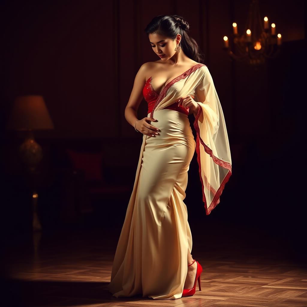 A Chinese woman wearing a seductive Mekhela Chadar in a striking cream and red color combination