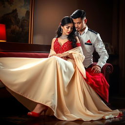 A Chinese woman wearing a seductive Mekhela Chadar in a striking cream and red color combination