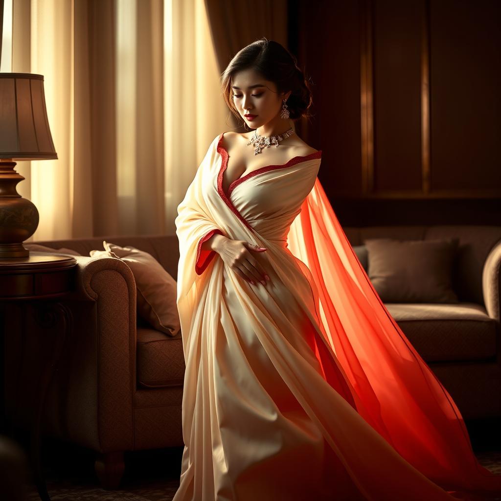 A Chinese woman wearing a seductive Mekhela Chadar in a striking cream and red color combination