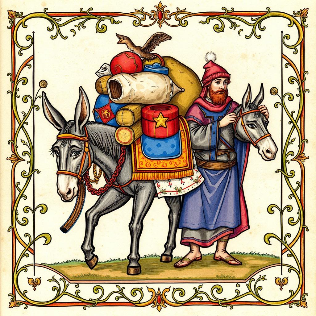 A charming medieval illumination depicting a loaded donkey accompanied by two men