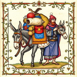 A charming medieval illumination depicting a loaded donkey accompanied by two men