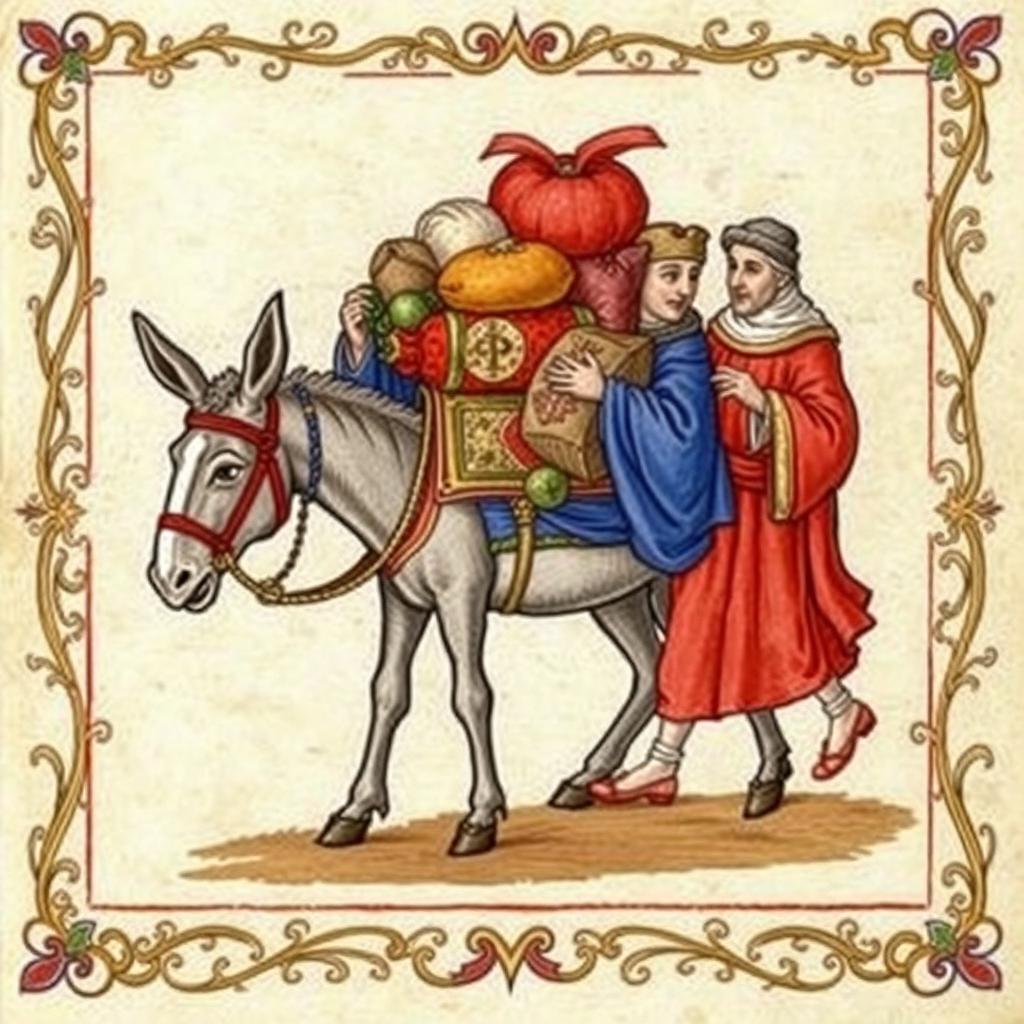 A charming medieval illumination depicting a loaded donkey accompanied by two men