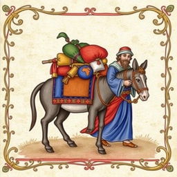 A charming medieval illumination depicting a loaded donkey accompanied by two men