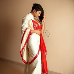 A Chinese woman exuding sensual allure, dressed in a Cream and Red Mekhela Chadar styled seductively