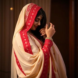 A beautiful woman adorned in a Cream and Red Mekhela Chadar, the elegant drapes of the traditional garment accentuating her graceful form