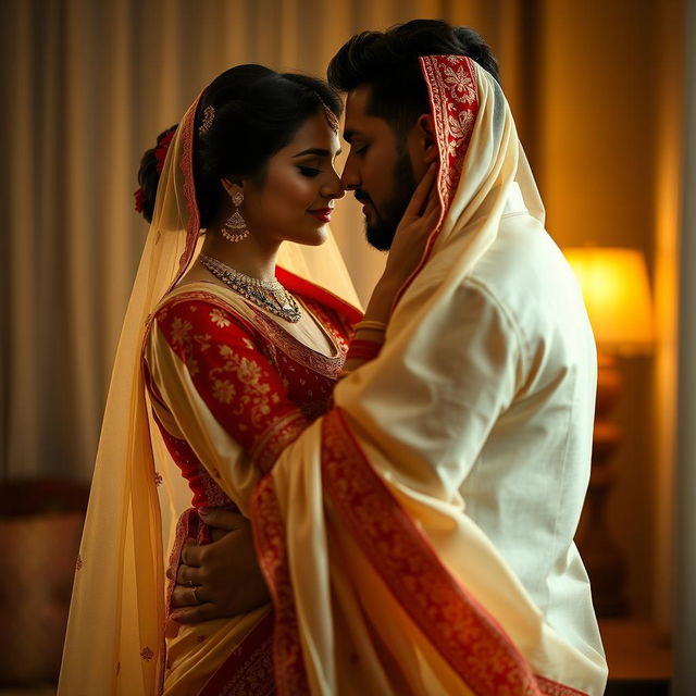 A beautiful woman adorned in a Cream and Red Mekhela Chadar, the elegant drapes of the traditional garment accentuating her graceful form