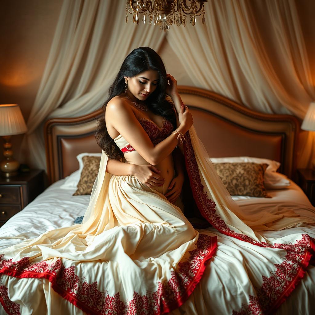 A beautiful woman in a seductive Cream and Red Mekhela Chadar, elegantly entangled with her boyfriend on a luxurious bed