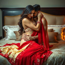 A beautiful woman in a seductive Cream and Red Mekhela Chadar, elegantly entangled with her boyfriend on a luxurious bed