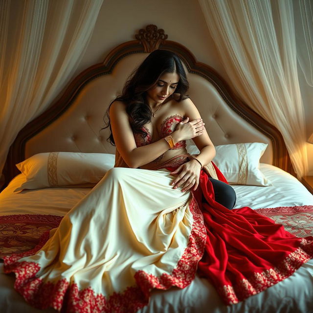 A beautiful woman in a seductive Cream and Red Mekhela Chadar, elegantly entangled with her boyfriend on a luxurious bed