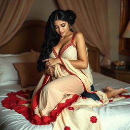 A beautiful woman in a seductive Cream and Red Mekhela Chadar, elegantly entangled with her boyfriend on a luxurious bed