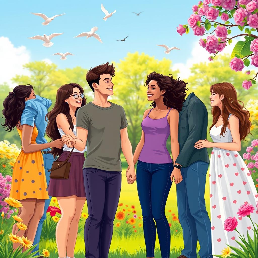 A harmonious and loving scene showcasing a diverse group of people of different genders and ethnicities, all expressing affection and happiness together in a park setting