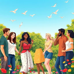 A harmonious and loving scene showcasing a diverse group of people of different genders and ethnicities, all expressing affection and happiness together in a park setting