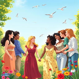 A harmonious and loving scene showcasing a diverse group of people of different genders and ethnicities, all expressing affection and happiness together in a park setting