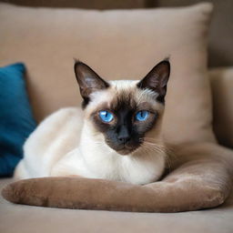 A glamorous Siamese cat with strikingly blue eyes, nestled comfortably on a luxurious velvet pillow