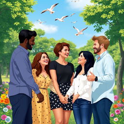 A harmonious and loving scene showcasing a diverse group of people of different genders and ethnicities, all expressing affection and happiness together in a park setting