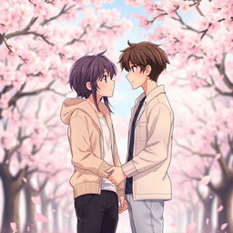 Anime-style artwork featuring Beomgyu and Yeonjun in an affectionate and loving scene, portraying them in a beautiful and serene setting