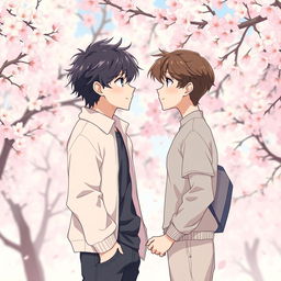 Anime-style artwork featuring Beomgyu and Yeonjun in an affectionate and loving scene, portraying them in a beautiful and serene setting