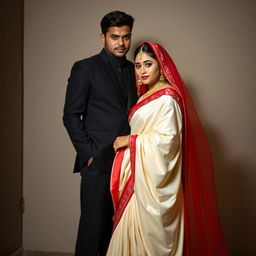 A Thai woman elegantly wearing a Cream and Red Mekhela Chadar and striking red high heels