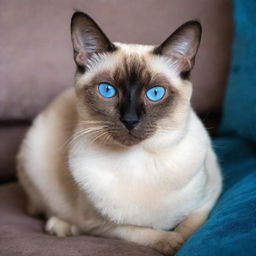 A glamorous Siamese cat with strikingly blue eyes, nestled comfortably on a luxurious velvet pillow