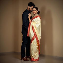 A Thai woman elegantly wearing a Cream and Red Mekhela Chadar and striking red high heels