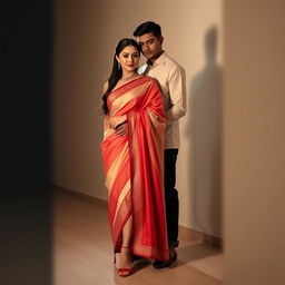 A Thai woman elegantly wearing a Cream and Red Mekhela Chadar and striking red high heels